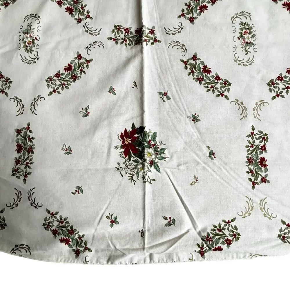 Vintage Christmas Holiday tablecloth red & green on BEIGE poinsettias & holly